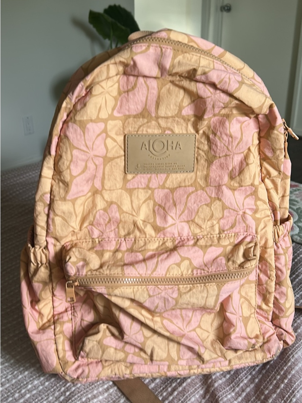 ALOHAS Pink and Tan Floral Nylon Backpack